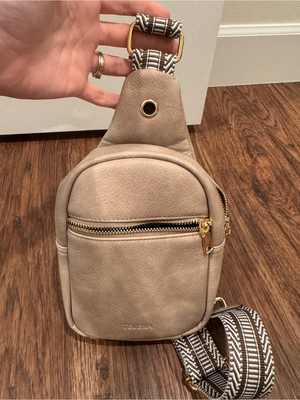 Telena Beige Mini Crossbody Sling Bag with Patterned Strap